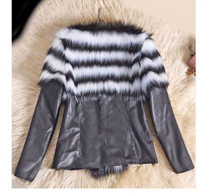 Faux Fur Slim Fit PU Leather  Fluffy coat