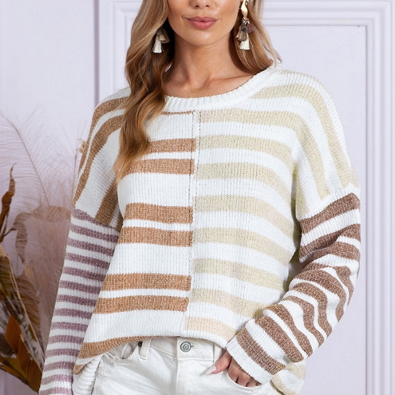 Pull imprimé rayé simple et polyvalent pour femme