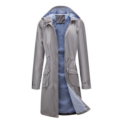 Long Casual Windbreaker Women's Waterproof Hooded Solid Color Top Striped Lining Straight Coat