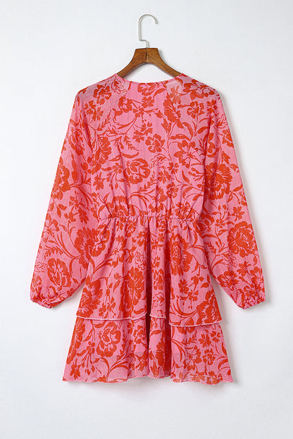 Fiery Red Floral Ruffle Layered Puff Sleeve Surplice Dress