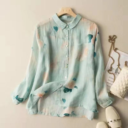 Camisa de mujer con estampado vintage de algodón y lino