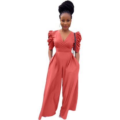 Women's Clothing Springsummer Pleated V-neck Woven Loose Wide-leg Jumpsuit Back Zipper