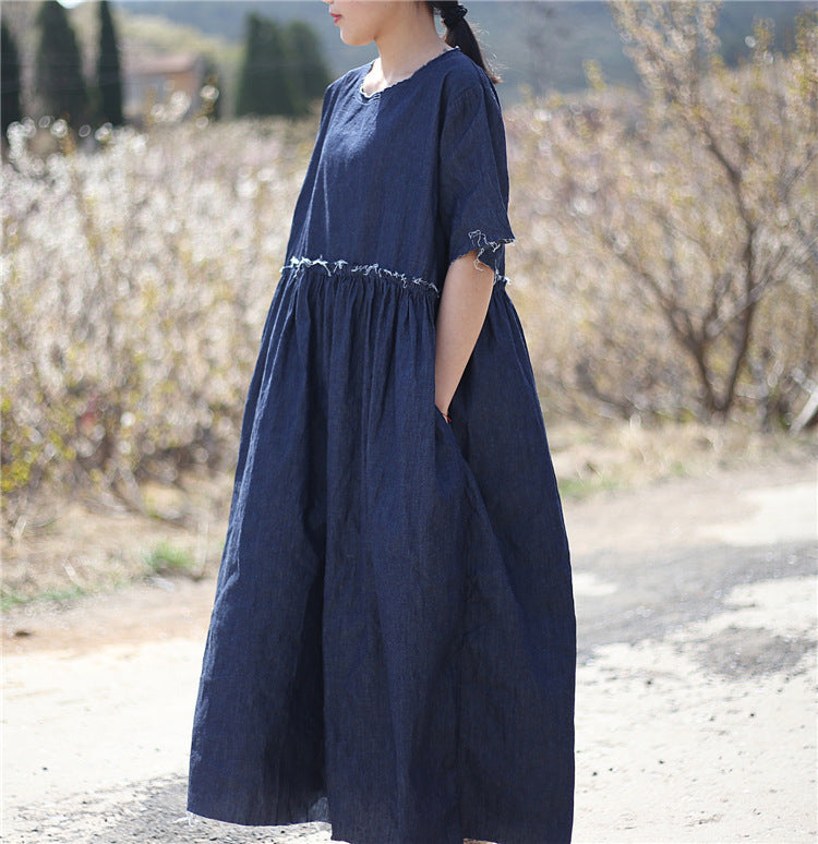 Dark Denim Blue High Waist Pleated Burr Handmade Loose Dress