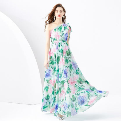 Vacation Style One-shoulder Sleeveless Ribbon Long Wide Swing Printed Dress