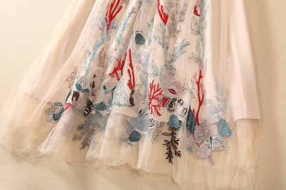 Exquisite Embroidery Floral See-through Apricot Dress Long Princess Style Dress