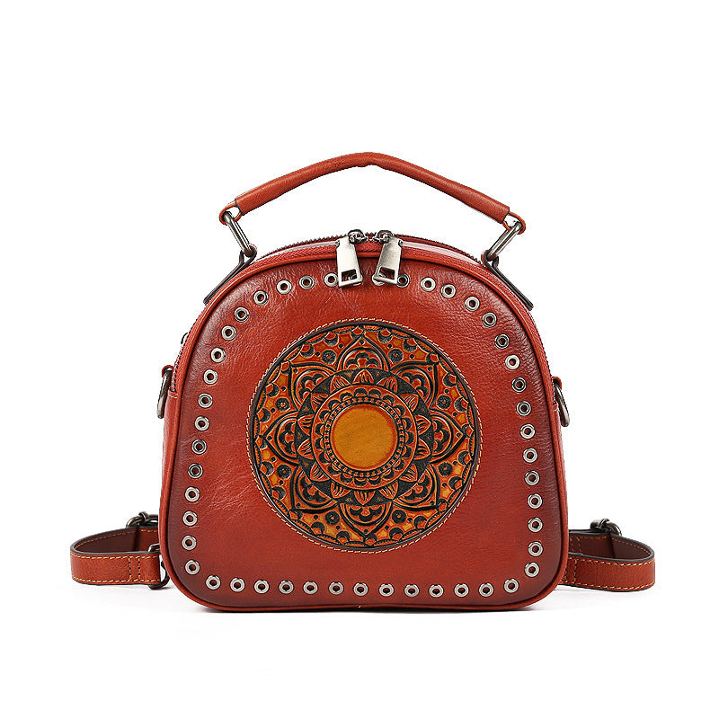 Retro Original First Layer Cowhide Round Hole Totem Shoulder Bag