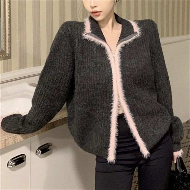 Sweet Contrast Color Long Sleeve Knitted Idle Style Zipper Sweater Cardigan For Women