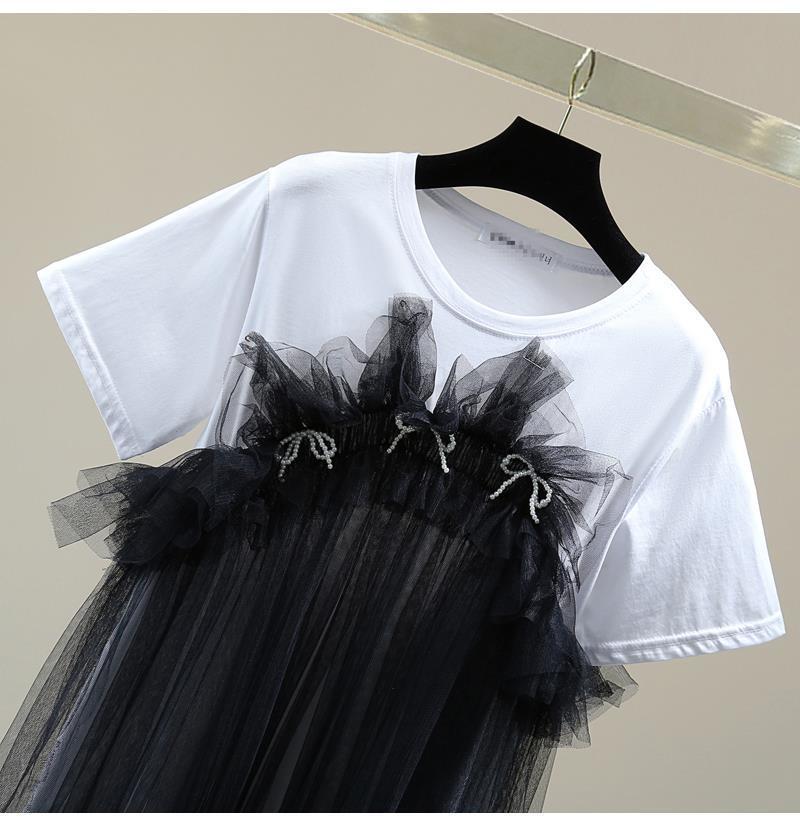 Mid-length Short-sleeved T-shirt Loose Slimming Contrast Color Beaded Bowknot Top