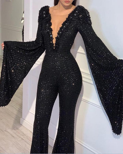 Sequin V-Neck Doll Sleeve Top Jumpsuit