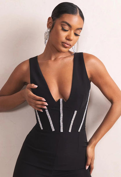 Combinaison bustier tubulaire noire à col en V profond, dos nu, diamant, Slim, Bandage