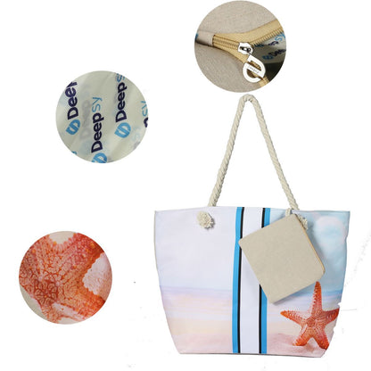 Bolsa de lona para playa para mujer, impermeable, grande, para viaje, con cremallera, reutilizable, para hacer la compra