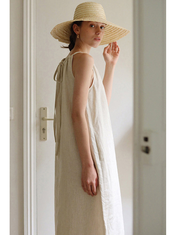 Off-the-shoulder Cotton And Linen Dress With Loose Tie