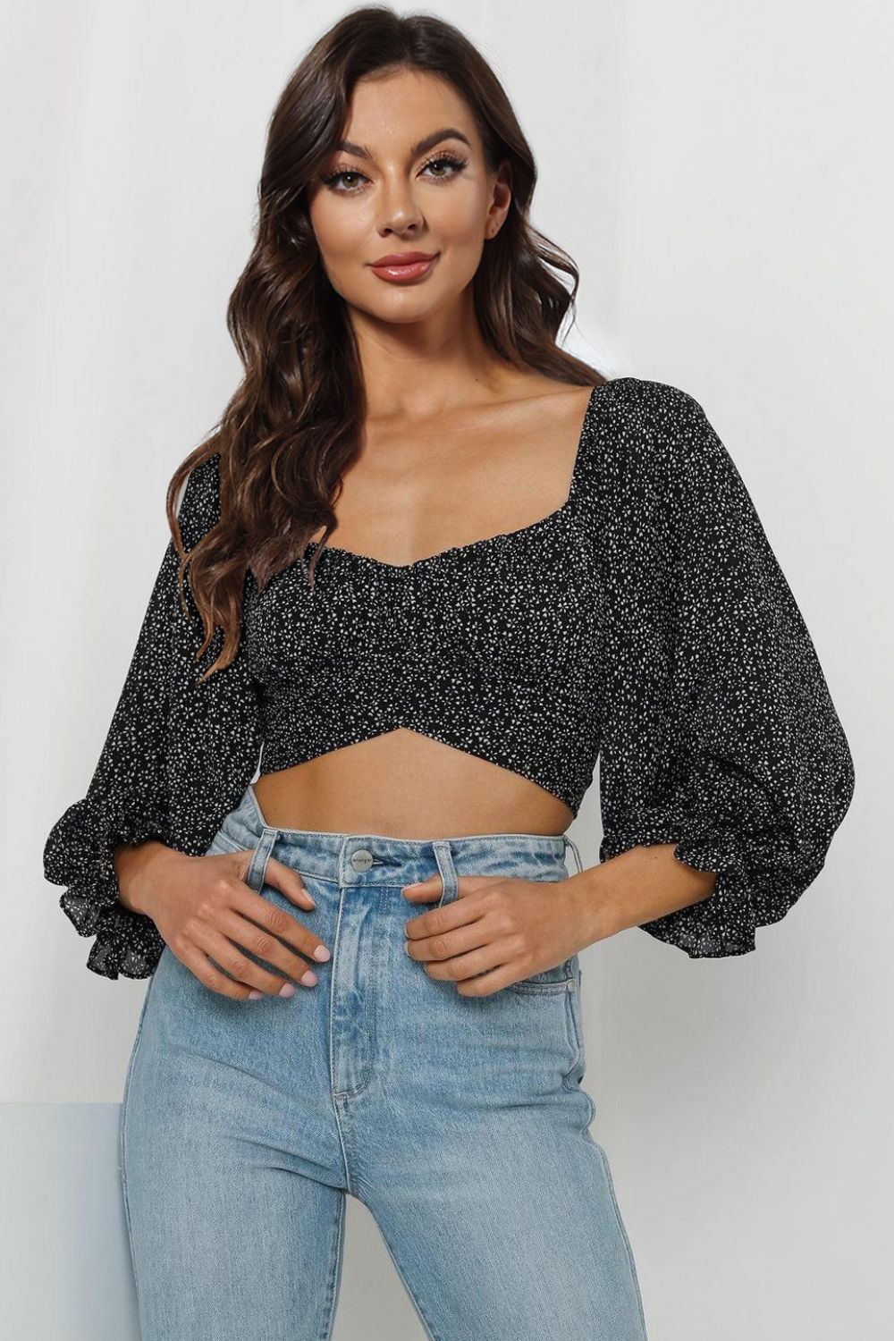 Printed Long Flounce Sleeve Cropped Blouse