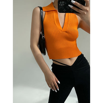 Women's Lapel Polo Knit Crop Top