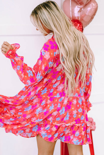 Multicolour Floral Bubble Sleeve Tiered Babydoll Dress