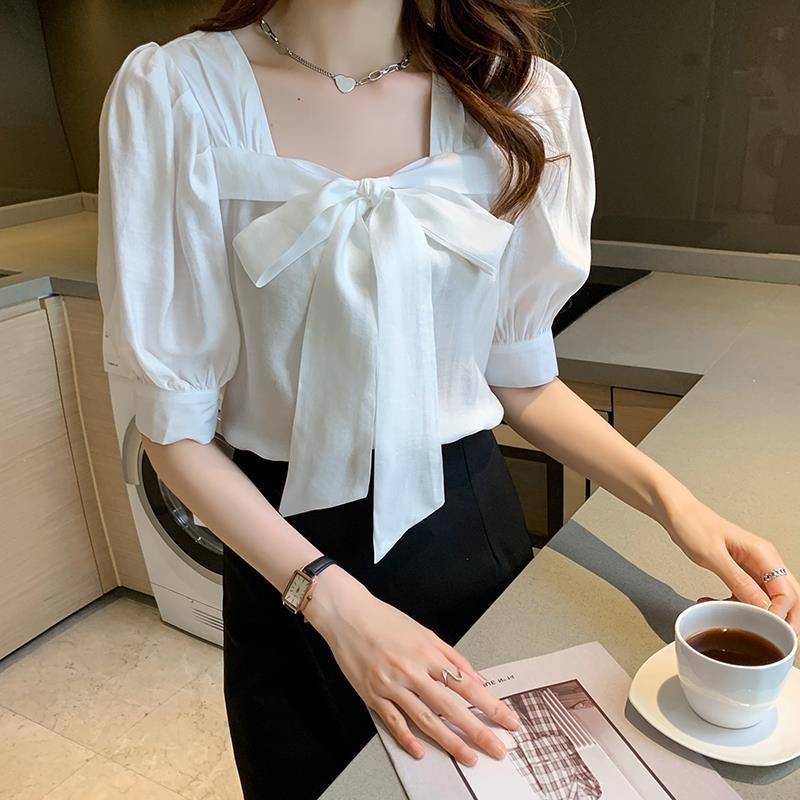 Loose Tie Shirt Short Sleeve Bow Top