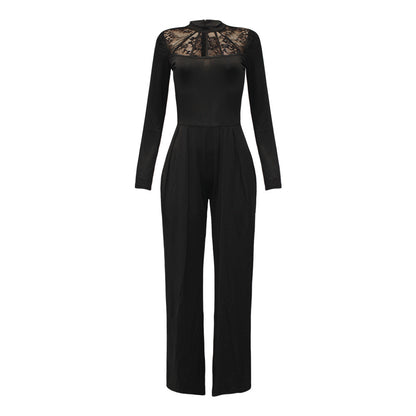 Fashion Solid Color Long Sleeve Stitching Wide Leg Jumpsuit Women