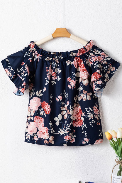 Blusa floral con volantes y hombros descubiertos y mangas con volantes azul