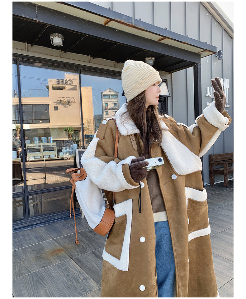 Retro Khaki Patchwork Pocket Loose Double Breasted Fur Coat Women