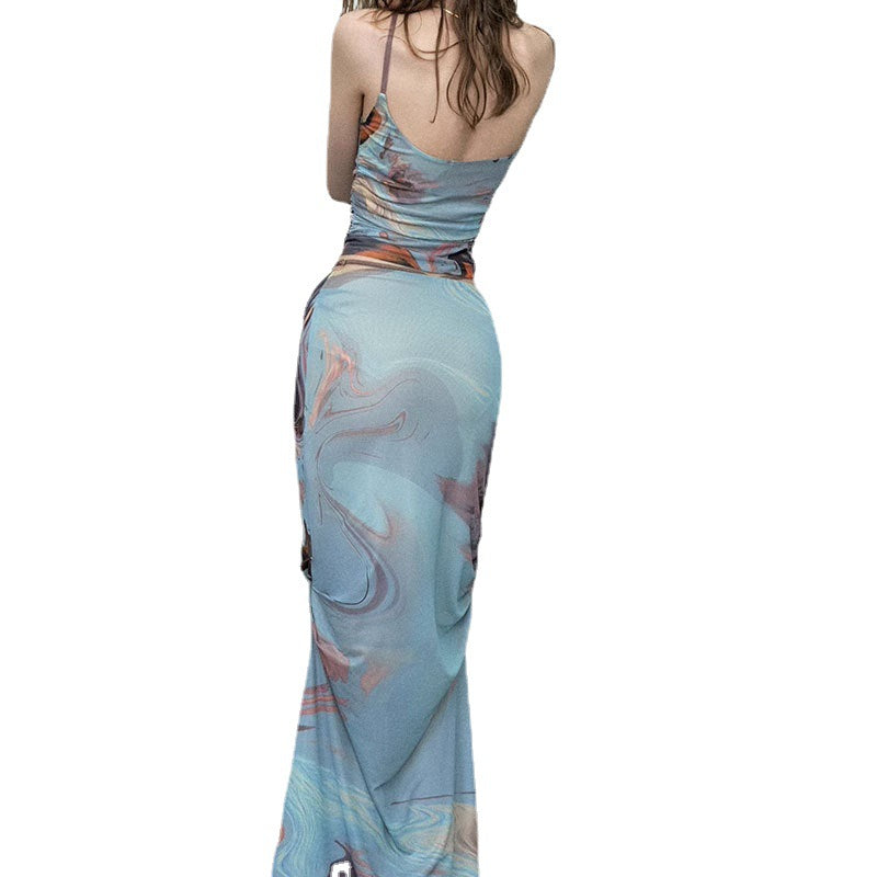 Stream Of Consciousness Oil Painting Printing Sling Skirt Vacation Style Suit Two-piece Set Niche