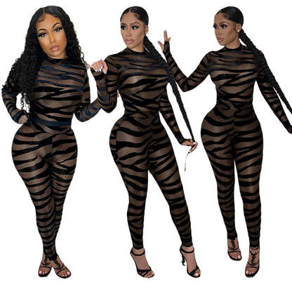 Mesh Flocking See-through Stitching Black Jumpsuit Nightclub Uniforms