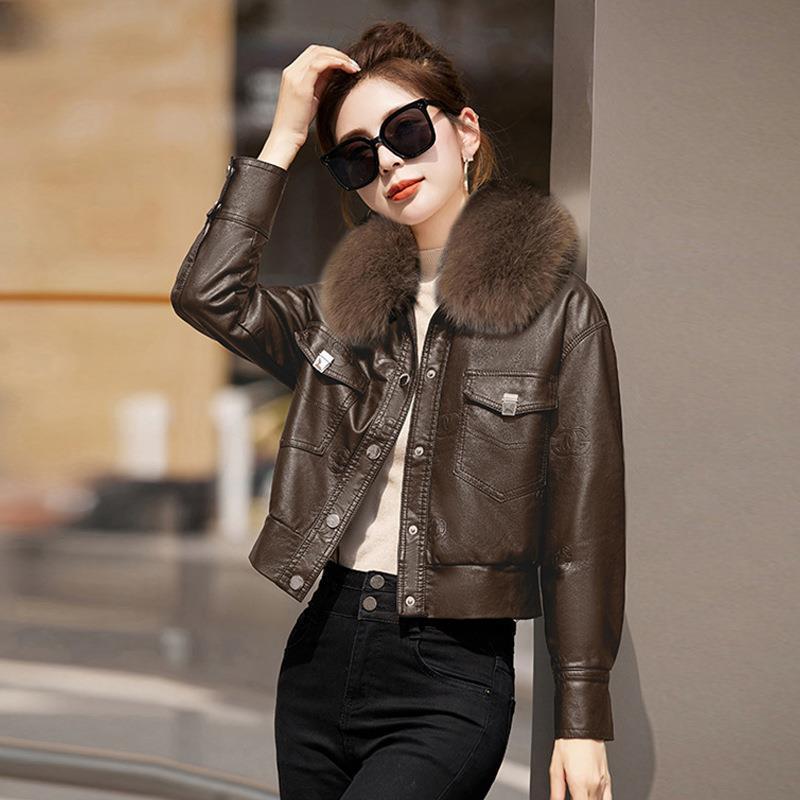 Women's Fleece-lined Coat Thickened Biker's Leather Jacket