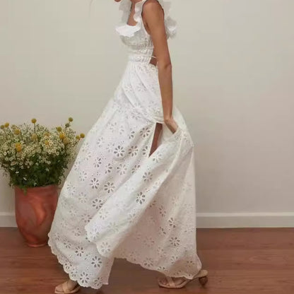 Vestido con tirantes blanco ahuecado para mujer