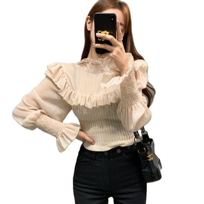 Stand-up Collar Fashion Stitching Chiffon Shirt