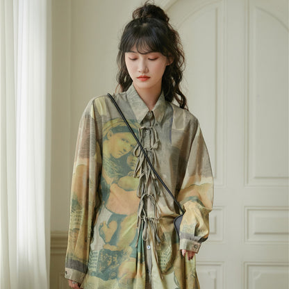 Retro Oil Painting Style Long-sleeved Shirt With Bow