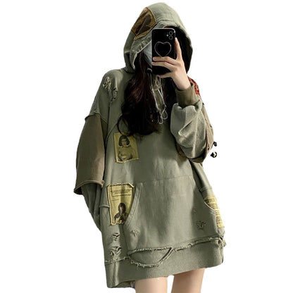 Women's American-style Retro High Street Make Old Ripped Hooded Sweater