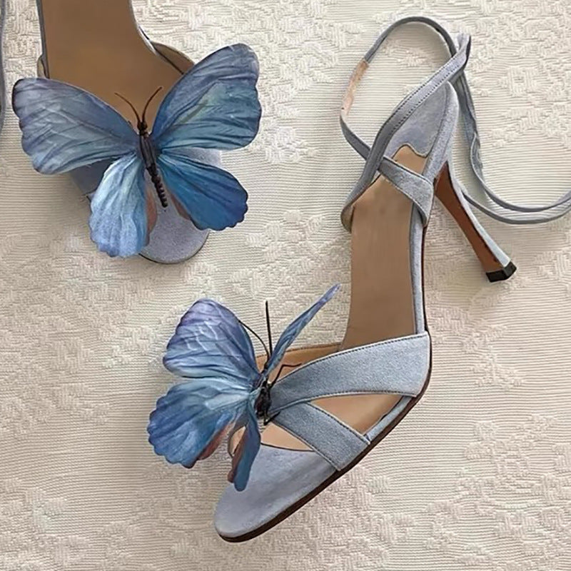 Sandalias de piel auténtica con tiras cruzadas y flores de mariposa y hada, tacones altos sexis con punta abierta