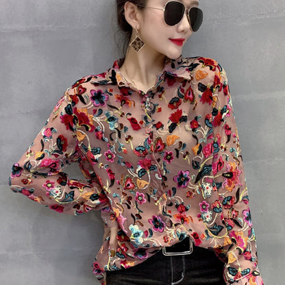 New Product Floral Net Yarn Shirt  Fan