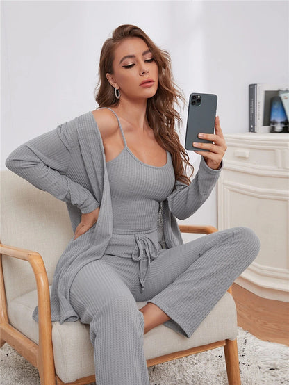 Home Wear Waffle Knitted Suspenders Top And Trousers Robe Pajamas Three-piece Suit