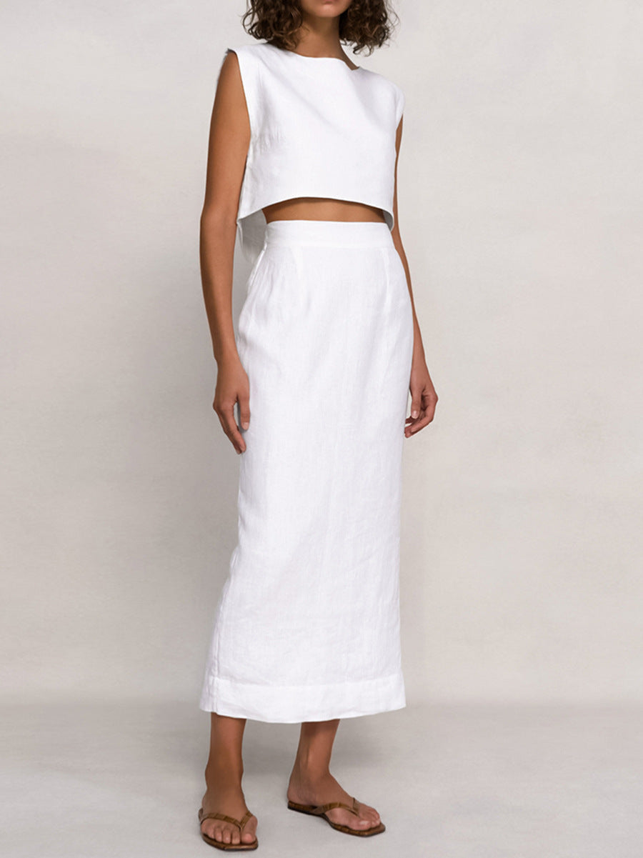 Cotton Sleeveless Top Straight Skirt White Suit