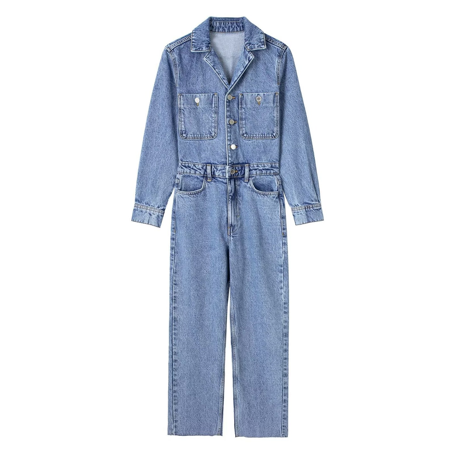 Women's Fashion Lapel Long Sleeve Straight Denim Jumpsuit