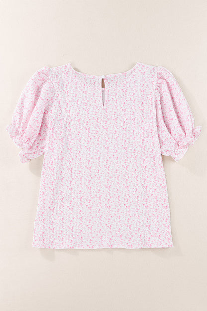 Printed Round Neck Half Flounce Sleeve Top