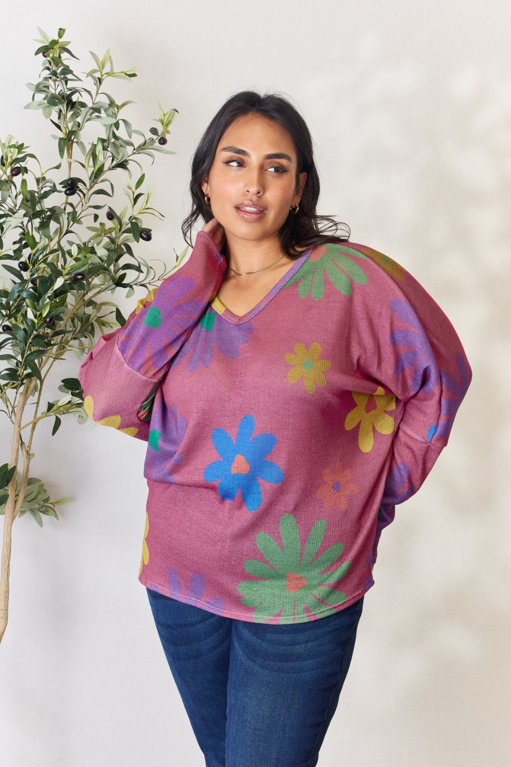 Hopely Full Size Floral V-Neck Long Sleeve Top