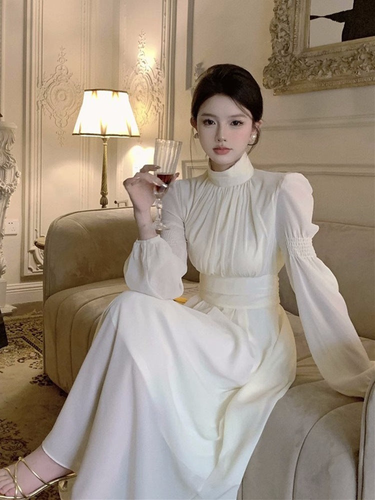 French White Half-high Collar Long Sleeves Dress