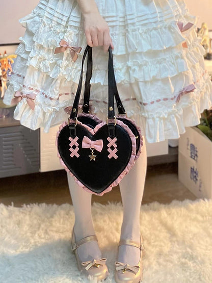 Bolso de hombro portátil cruzado de encaje con forma de corazón lindo con nudo de corazón cruzado