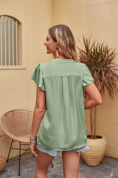 Flutter Sleeve Notched Neck Satin Blouse