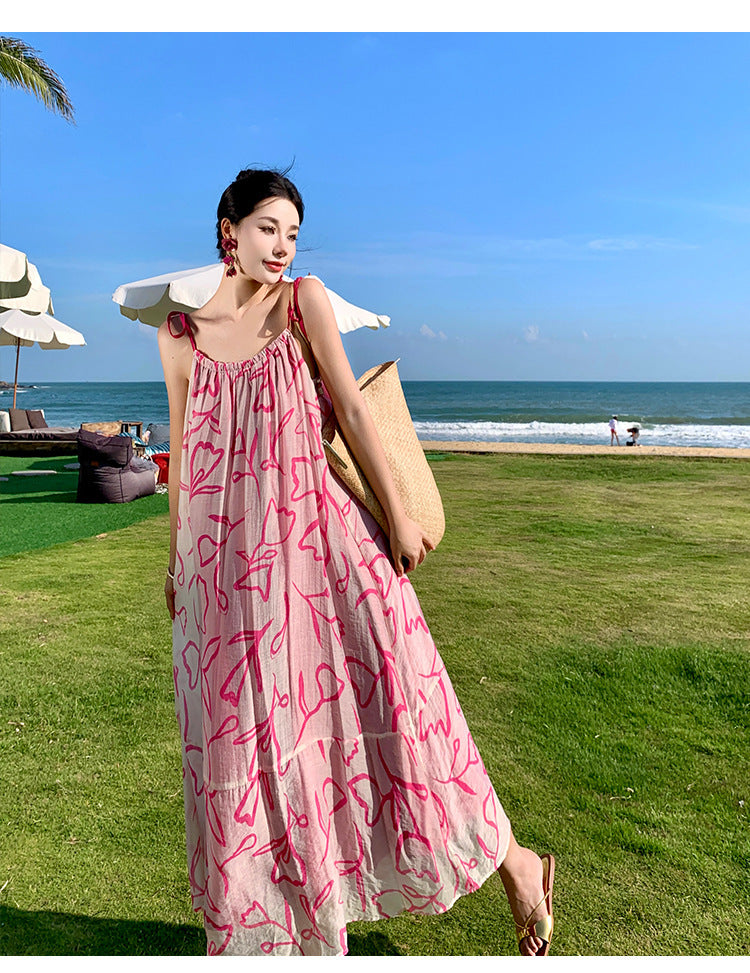 Vestido de playa con tirantes para vacaciones junto al mar con estampado de tinta