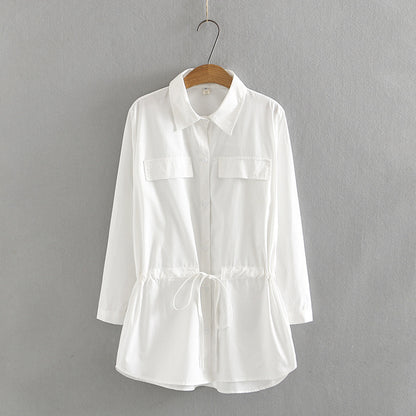 Mid-length Drawstring Waist Shirt Jacket Shirt Cardigan