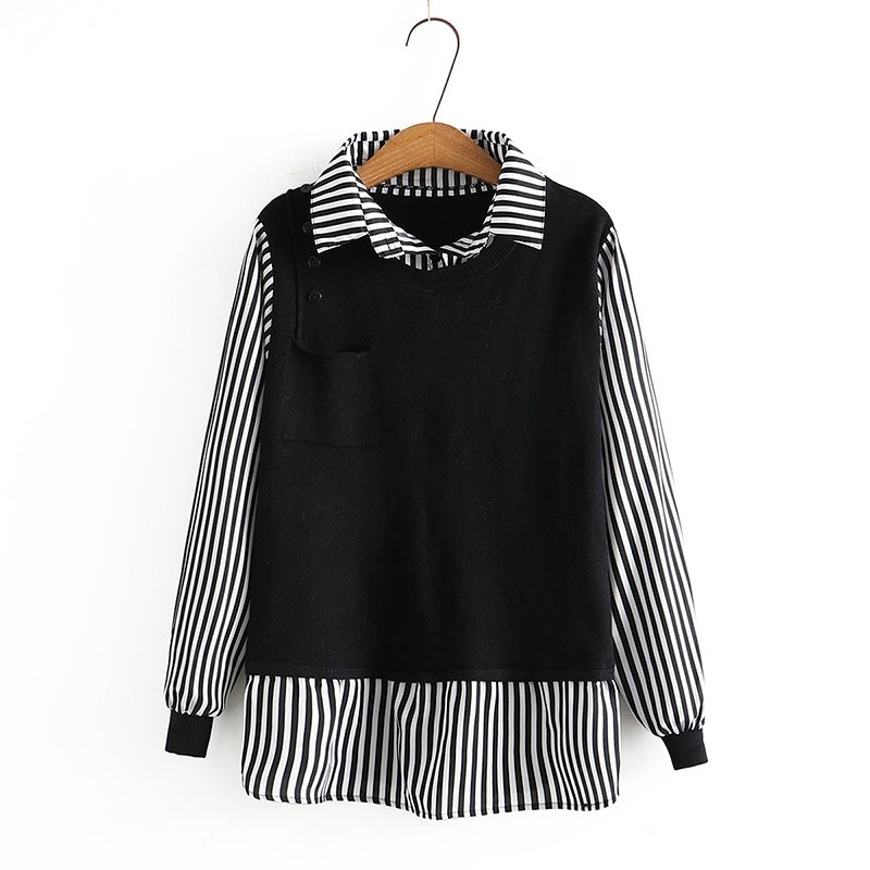 Western Style Slightly Fat Plus Fat Plus Size Women's Thin Striped Shirt