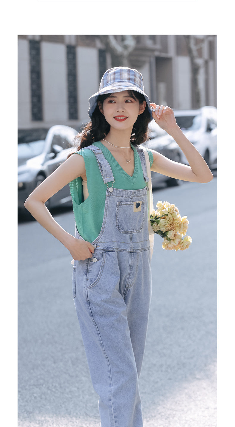 Design Sense Niche High Waist Slim Denim Suspenders Trousers