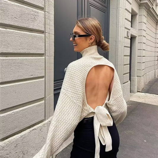 New Backless Design Half-high Collar Long Sleeves Short Sweater