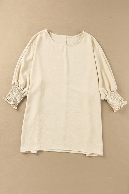 White Plain & Casual Shirred Cuffs Half Sleeve Top