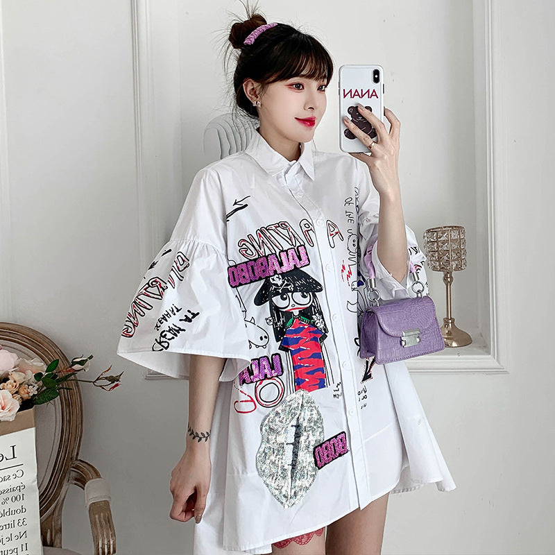 Cartoon Flared Sleeves Slim Mid-length Skirt