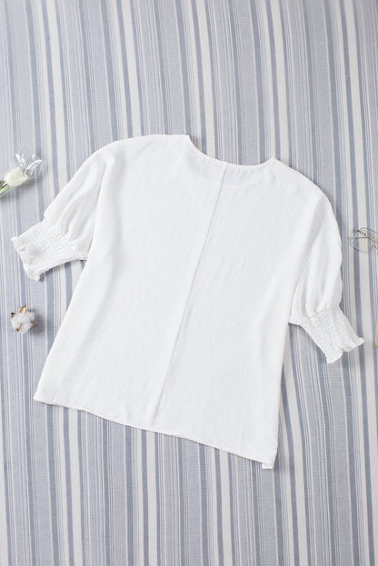 White Plain & Casual Shirred Cuffs Half Sleeve Top