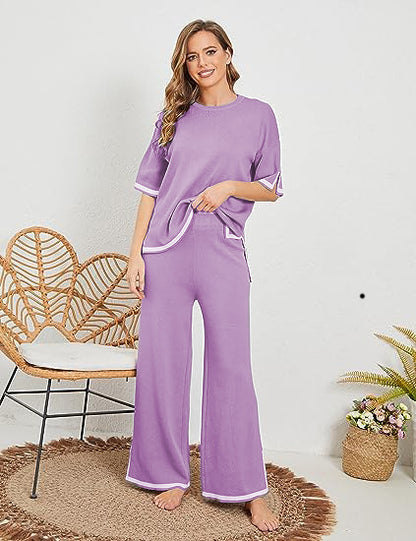 New Knitting Suit Sweater Suit Short Sleeve Pullover Wide Leg Pants