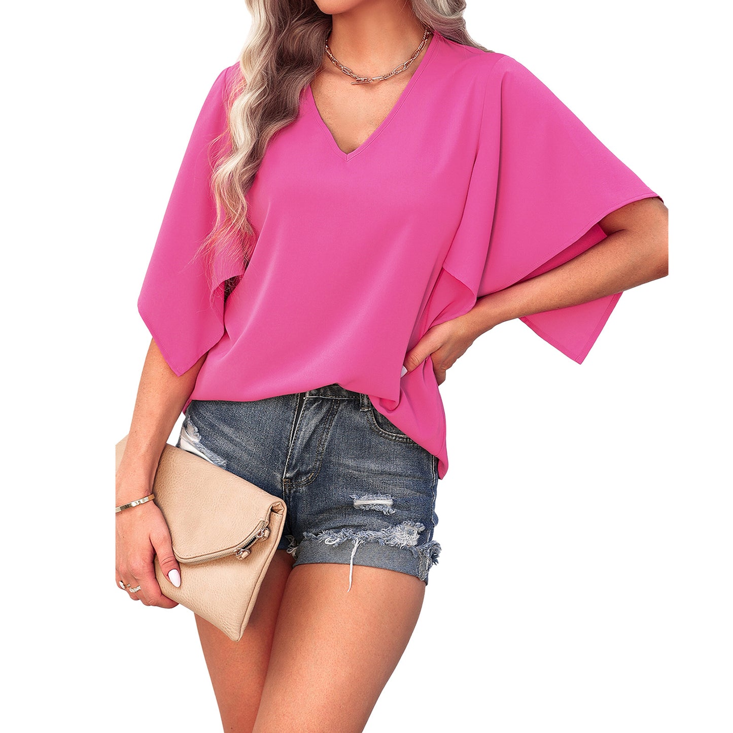 European And American Style Fashion Solid Color V-neck All-match Short-sleeved Shirt